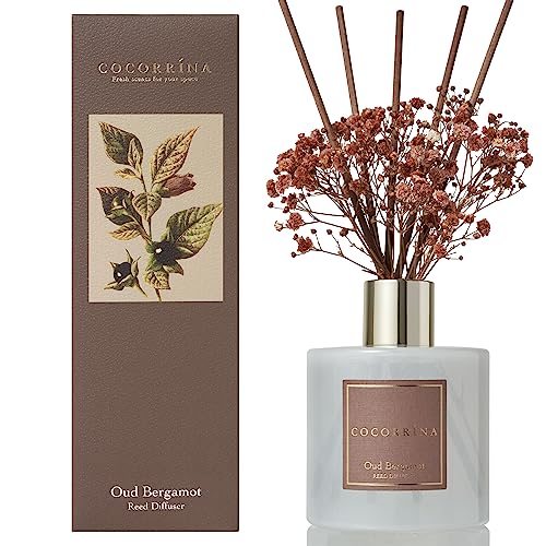 Cocorrína Reed Diffuser Sets - 6.7 oz Oud Bergamot Scented Diffuser with 8 Sticks Home Fragrance Essential Oil Reed Diffuser for Bathroom Shelf Decor