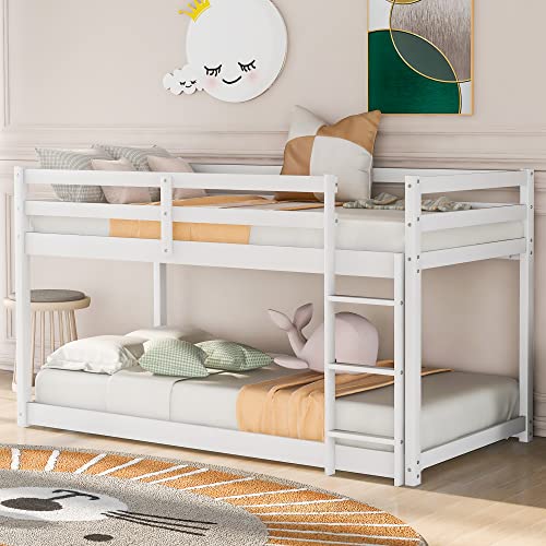 ZJIAH Solid Wood Twin Over Twin Floor Bunk Bed w Ladder, Safety Guard Rails, 400LBS Wooden Twin Bunk Beds for Teens/Adults, Low Bed Frame Bedroom Furniture, No Box Spring Required, White