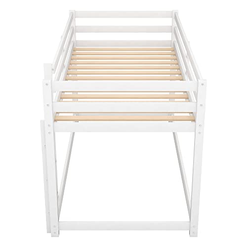 ZJIAH Solid Wood Twin Over Twin Floor Bunk Bed w Ladder, Safety Guard Rails, 400LBS Wooden Twin Bunk Beds for Teens/Adults, Low Bed Frame Bedroom Furniture, No Box Spring Required, White