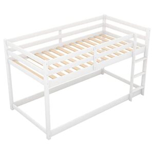 ZJIAH Solid Wood Twin Over Twin Floor Bunk Bed w Ladder, Safety Guard Rails, 400LBS Wooden Twin Bunk Beds for Teens/Adults, Low Bed Frame Bedroom Furniture, No Box Spring Required, White
