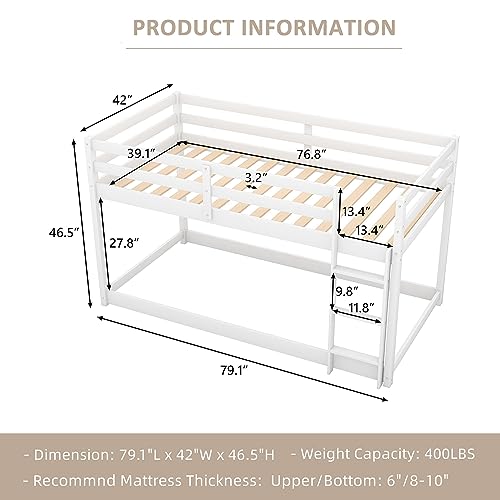 ZJIAH Solid Wood Twin Over Twin Floor Bunk Bed w Ladder, Safety Guard Rails, 400LBS Wooden Twin Bunk Beds for Teens/Adults, Low Bed Frame Bedroom Furniture, No Box Spring Required, White