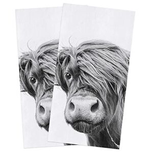 Segard Kitchen Towels Dish Towel Set of 2,Highland Cow Grey Animal Art Absorbent Hand Towels Cleaning Dishcloth Tea Towels,Longhorn Cattle Portrait Art Reusable Drying Dish Cloths