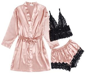 ekouaer sexy pajama set for women 3pcs floral lace trim pjs silk sleepwear with robe lingerie set a-pink