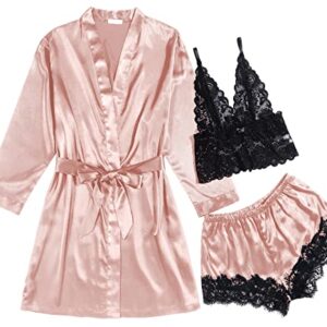 Ekouaer Sexy Pajama Set for Women 3pcs Floral Lace Trim Pjs Silk Sleepwear with Robe Lingerie Set A-pink