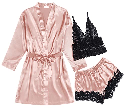 Ekouaer Sexy Pajama Set for Women 3pcs Floral Lace Trim Pjs Silk Sleepwear with Robe Lingerie Set A-pink