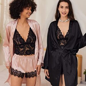 Ekouaer Sexy Pajama Set for Women 3pcs Floral Lace Trim Pjs Silk Sleepwear with Robe Lingerie Set A-pink