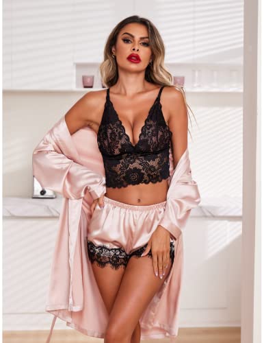 Ekouaer Sexy Pajama Set for Women 3pcs Floral Lace Trim Pjs Silk Sleepwear with Robe Lingerie Set A-pink