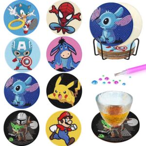8 pcs diamond painting coasters kits with holder - cartoon diamond art coasters for adults kids beginner,diy child memery round full drill diamond dot paint by number stitch arts and crafts gift