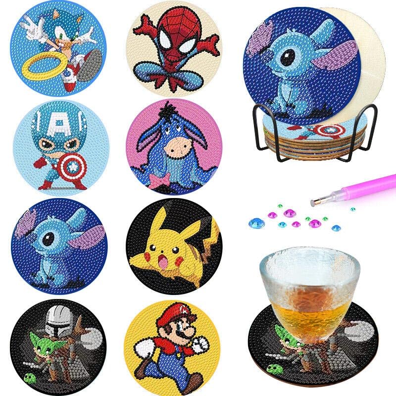 8 PCS Diamond Painting Coasters Kits with Holder - Cartoon Diamond Art Coasters for Adults Kids Beginner,DIY Child Memery Round Full Drill Diamond Dot Paint by Number Stitch Arts and Crafts Gift