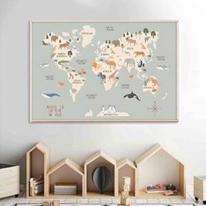 World Map Poster Animals Nursery Educational Wall Pictures Green World Map Wall Art Animal Nursery Pictures Animal Map Canvas Wall Art Nursery World Map Wall Art Watercolor Map Wall Art 16x24in No Frame