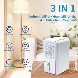 Hoomace 3 In 1 Small Humidifier Dehumidifier Combo With Air Filtration, Humidifiers Dehumidifier For Home Bedroom With Drain Hose Temperature Display,4 Modes,7 Color LED Lights,Timer Set