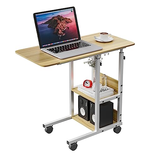 JACENHONE Home Office Desk Height Adjustable End Table Creative Laptop Cart Side Table with Wheels & Storage Shelves for Study Room Bedroom Living Room 16" D x 31" W x 33" H (Beige)