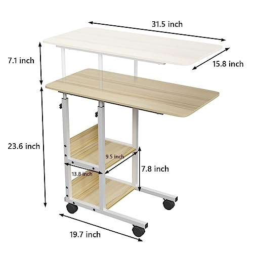 JACENHONE Home Office Desk Height Adjustable End Table Creative Laptop Cart Side Table with Wheels & Storage Shelves for Study Room Bedroom Living Room 16" D x 31" W x 33" H (Beige)