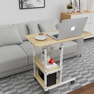 JACENHONE Home Office Desk Height Adjustable End Table Creative Laptop Cart Side Table with Wheels & Storage Shelves for Study Room Bedroom Living Room 16" D x 31" W x 33" H (Beige)