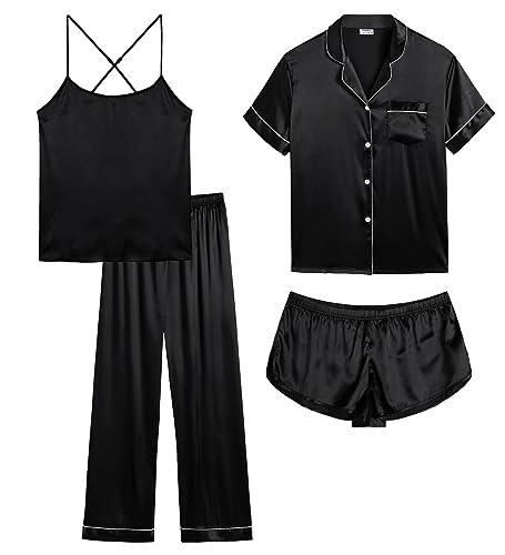 SWOMOG 4 Pcs Silk Pajamas for Women Shorts Set Satin Sleepwear Sexy Cami Pants Button-down Shorts Shirt Pjs Set Lounge Wear Black