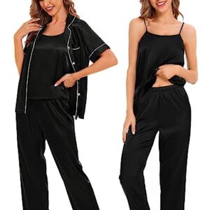 SWOMOG 4 Pcs Silk Pajamas for Women Shorts Set Satin Sleepwear Sexy Cami Pants Button-down Shorts Shirt Pjs Set Lounge Wear Black