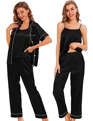 SWOMOG 4 Pcs Silk Pajamas for Women Shorts Set Satin Sleepwear Sexy Cami Pants Button-down Shorts Shirt Pjs Set Lounge Wear Black