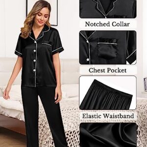 SWOMOG 4 Pcs Silk Pajamas for Women Shorts Set Satin Sleepwear Sexy Cami Pants Button-down Shorts Shirt Pjs Set Lounge Wear Black