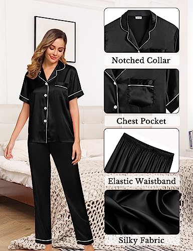 SWOMOG 4 Pcs Silk Pajamas for Women Shorts Set Satin Sleepwear Sexy Cami Pants Button-down Shorts Shirt Pjs Set Lounge Wear Black