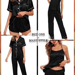 SWOMOG 4 Pcs Silk Pajamas for Women Shorts Set Satin Sleepwear Sexy Cami Pants Button-down Shorts Shirt Pjs Set Lounge Wear Black