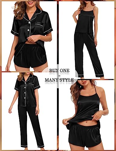 SWOMOG 4 Pcs Silk Pajamas for Women Shorts Set Satin Sleepwear Sexy Cami Pants Button-down Shorts Shirt Pjs Set Lounge Wear Black