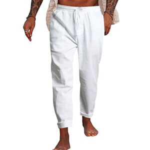 nanameei men summer linen pants for men casual beach pants trousers for men with drawstring pocket white m