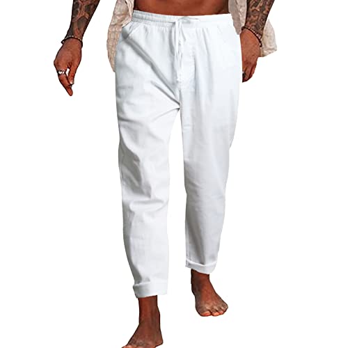 NANAMEEI Men Summer Linen Pants for Men Casual Beach Pants Trousers for Men with Drawstring Pocket White M