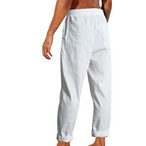 NANAMEEI Men Summer Linen Pants for Men Casual Beach Pants Trousers for Men with Drawstring Pocket White M