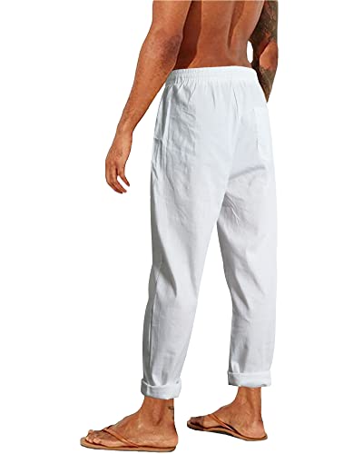 NANAMEEI Men Summer Linen Pants for Men Casual Beach Pants Trousers for Men with Drawstring Pocket White M