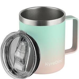 KyreDino 12 oz Stainless Steel Insulated Coffee Mug with Lid and Handle, Double Wall Vacuum Insulated Coffee Travel Mug, Powder Coated Green Mix Pink