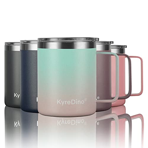 KyreDino 12 oz Stainless Steel Insulated Coffee Mug with Lid and Handle, Double Wall Vacuum Insulated Coffee Travel Mug, Powder Coated Green Mix Pink