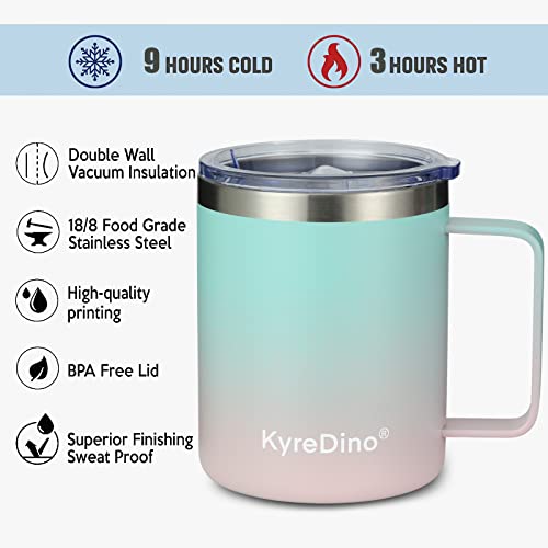 KyreDino 12 oz Stainless Steel Insulated Coffee Mug with Lid and Handle, Double Wall Vacuum Insulated Coffee Travel Mug, Powder Coated Green Mix Pink