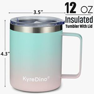 KyreDino 12 oz Stainless Steel Insulated Coffee Mug with Lid and Handle, Double Wall Vacuum Insulated Coffee Travel Mug, Powder Coated Green Mix Pink