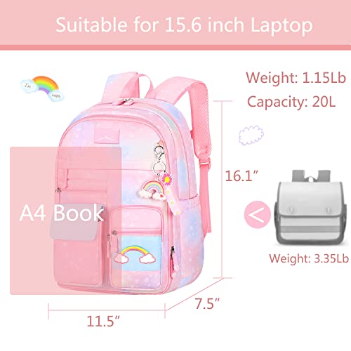 Lmeison Backpack for Girls School Backpacks for Girl Cute Bookbag Kawaii Kids School Bag Pink Rainbow Back Pack for Elementary School Middle School Teen Backpacks Casual Daypack for Travel