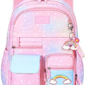 Lmeison Backpack for Girls School Backpacks for Girl Cute Bookbag Kawaii Kids School Bag Pink Rainbow Back Pack for Elementary School Middle School Teen Backpacks Casual Daypack for Travel