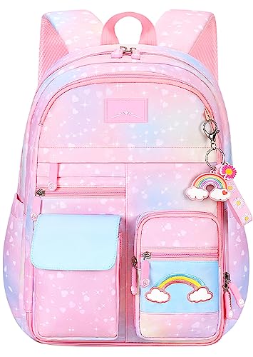 Lmeison Backpack for Girls School Backpacks for Girl Cute Bookbag Kawaii Kids School Bag Pink Rainbow Back Pack for Elementary School Middle School Teen Backpacks Casual Daypack for Travel