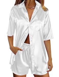 swomog womens silk pjs 2 piece satin pajama sets short sleeve loungewear button down shirts lounge set outfits with pockets a-white