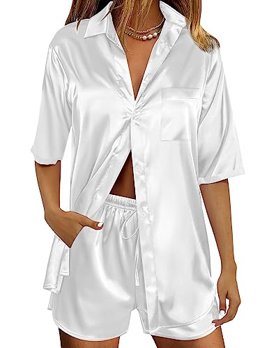 SWOMOG Womens Silk Pjs 2 Piece Satin Pajama Sets Short Sleeve Loungewear Button Down Shirts Lounge Set Outfits With Pockets A-white