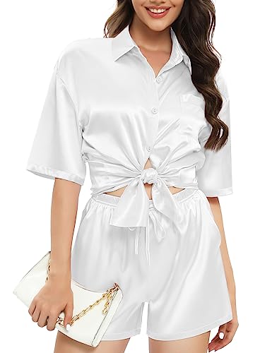 SWOMOG Womens Silk Pjs 2 Piece Satin Pajama Sets Short Sleeve Loungewear Button Down Shirts Lounge Set Outfits With Pockets A-white
