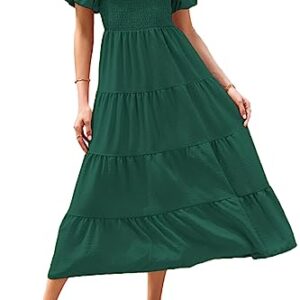 ROYAL MATRIX Women's Summer Short Puffy Sleeve Midi Dress Square Neck Smocked Flowy Tiered Beach Dress Flowy A Line Dress (Dark Green, Medium)