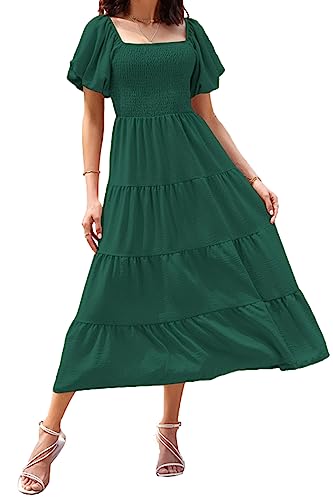 ROYAL MATRIX Women's Summer Short Puffy Sleeve Midi Dress Square Neck Smocked Flowy Tiered Beach Dress Flowy A Line Dress (Dark Green, Medium)