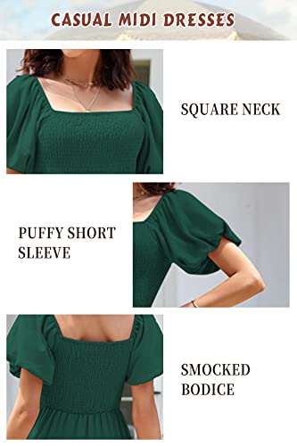 ROYAL MATRIX Women's Summer Short Puffy Sleeve Midi Dress Square Neck Smocked Flowy Tiered Beach Dress Flowy A Line Dress (Dark Green, Medium)