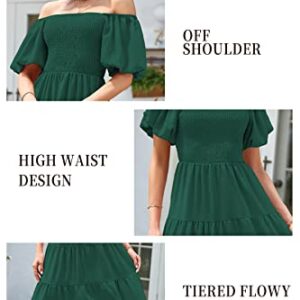 ROYAL MATRIX Women's Summer Short Puffy Sleeve Midi Dress Square Neck Smocked Flowy Tiered Beach Dress Flowy A Line Dress (Dark Green, Medium)