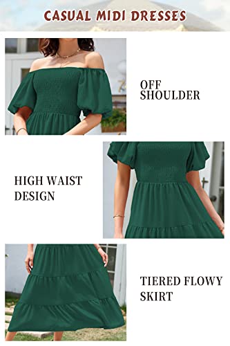 ROYAL MATRIX Women's Summer Short Puffy Sleeve Midi Dress Square Neck Smocked Flowy Tiered Beach Dress Flowy A Line Dress (Dark Green, Medium)