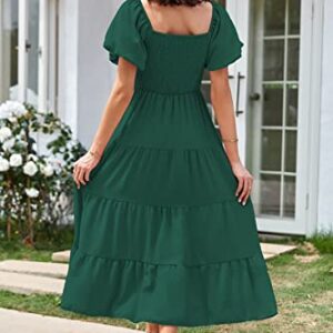 ROYAL MATRIX Women's Summer Short Puffy Sleeve Midi Dress Square Neck Smocked Flowy Tiered Beach Dress Flowy A Line Dress (Dark Green, Medium)