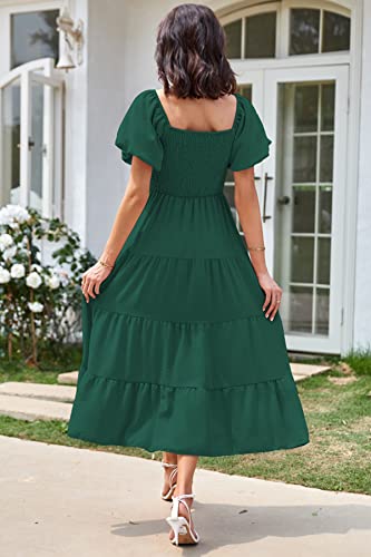 ROYAL MATRIX Women's Summer Short Puffy Sleeve Midi Dress Square Neck Smocked Flowy Tiered Beach Dress Flowy A Line Dress (Dark Green, Medium)