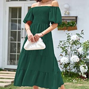 ROYAL MATRIX Women's Summer Short Puffy Sleeve Midi Dress Square Neck Smocked Flowy Tiered Beach Dress Flowy A Line Dress (Dark Green, Medium)