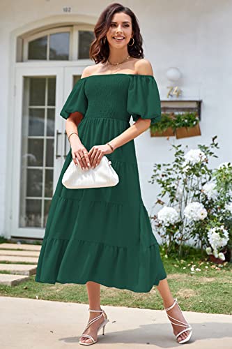 ROYAL MATRIX Women's Summer Short Puffy Sleeve Midi Dress Square Neck Smocked Flowy Tiered Beach Dress Flowy A Line Dress (Dark Green, Medium)