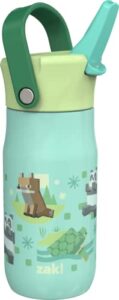 zak designs harmony minecraft kid water bottle for travel or at home, 14oz recycled stainless steel is leak-proof when closed and vacuum insulated (turtle, fox, panda, allay)