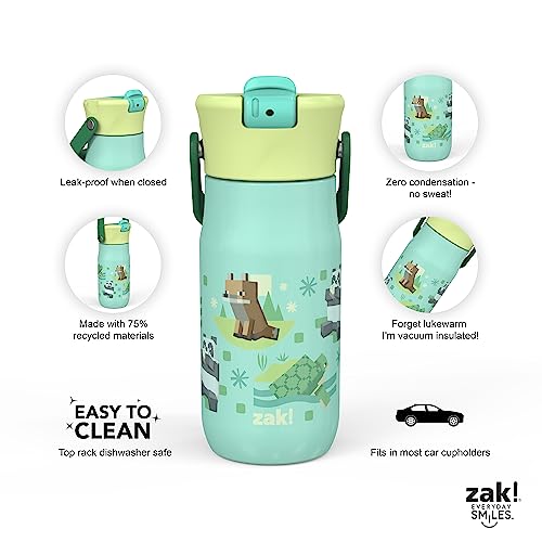 Zak Designs Harmony Minecraft Kid Water Bottle for Travel or At Home, 14oz Recycled Stainless Steel is Leak-Proof When Closed and Vacuum Insulated (Turtle, Fox, Panda, Allay)